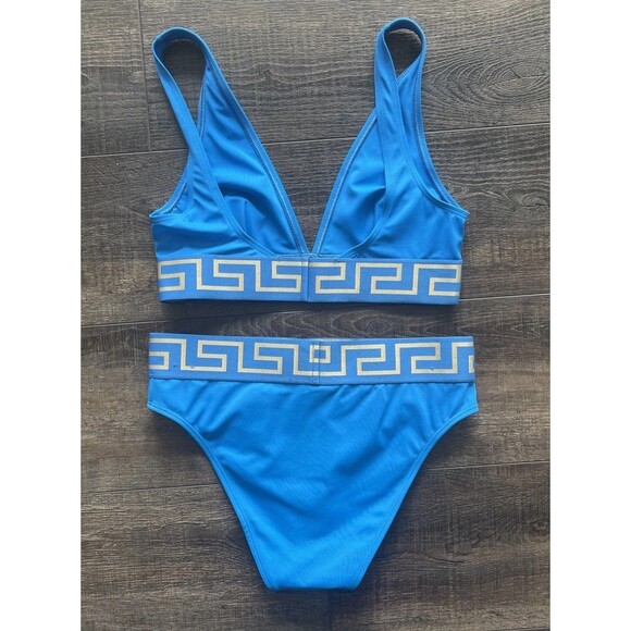 Versace Mediterranean Blue Greca Border High Waist Swimsuit Bikini Set Size 2 - Picture 6 of 13